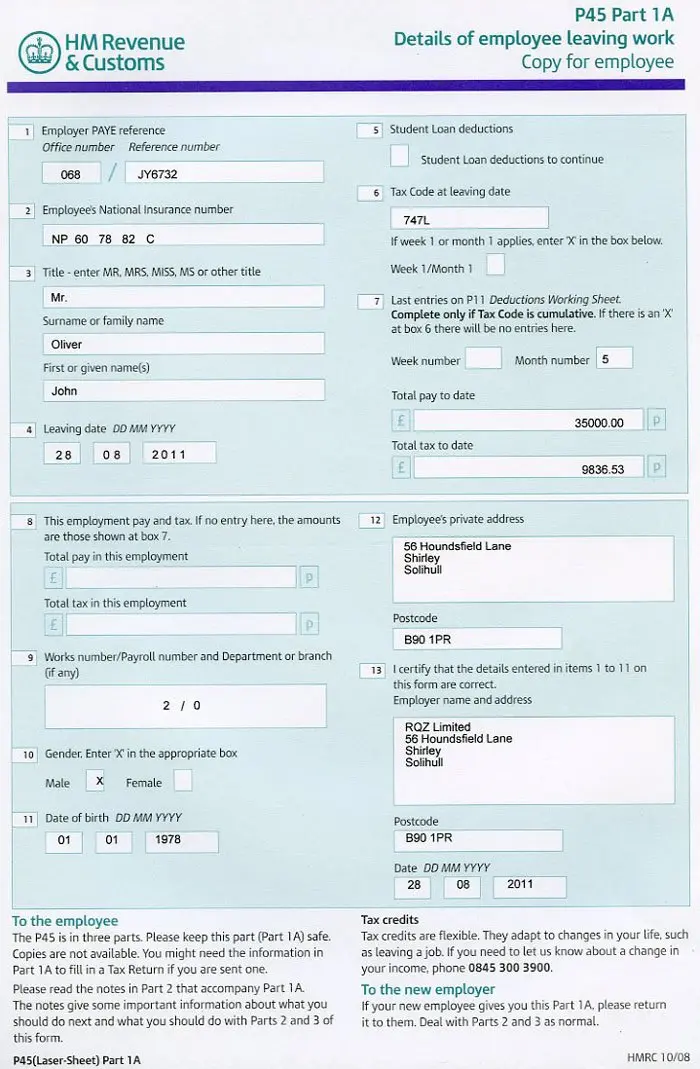 UK P45 Details of employee leaving work.