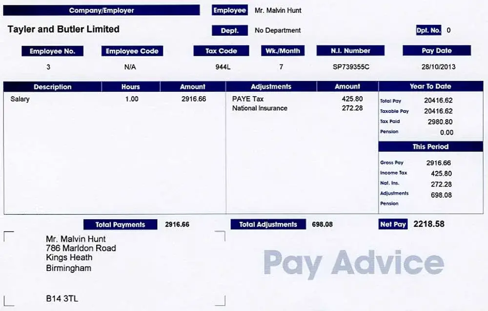 Actual paper copy of a UK payslip.