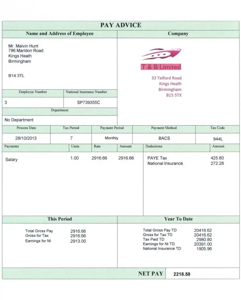 Sample monthly payslip showing department and total net pay