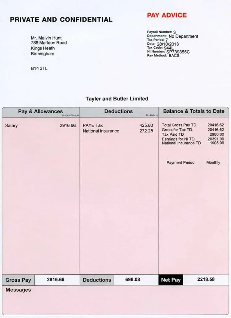 Example payslip with car payment, PAYE tax deduction, and pay date