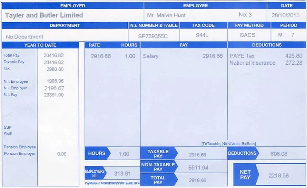 Example payslip with company name, department, and salary payment