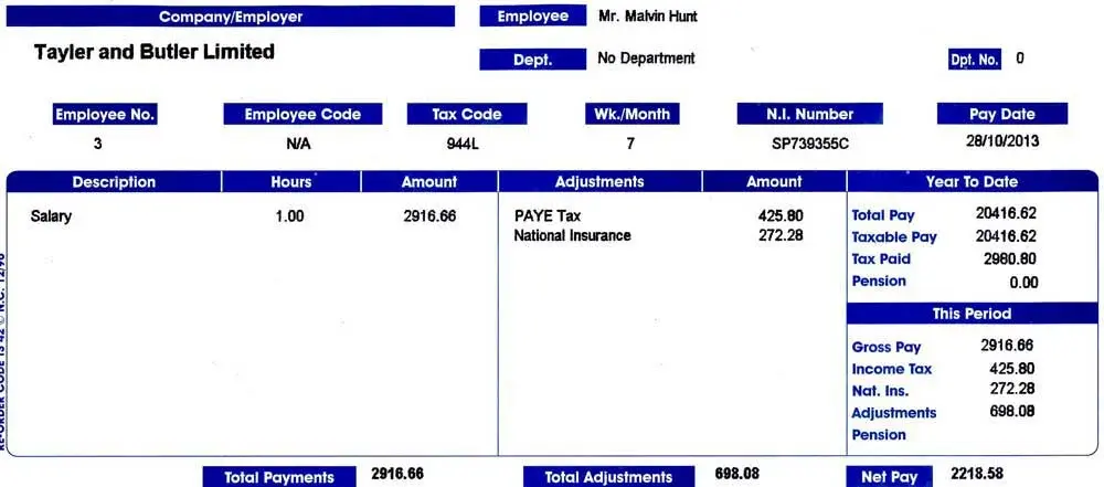 Example payslip with department, pay date, and employee name