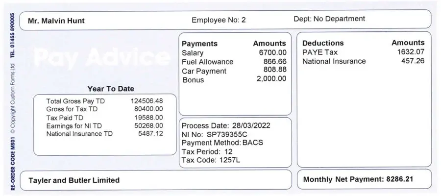 Example payslip with PAYE tax deduction and National Insurance deduction