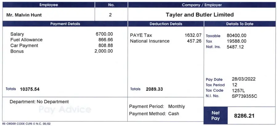 Example payslip with pay date, tax period, and tax code fields