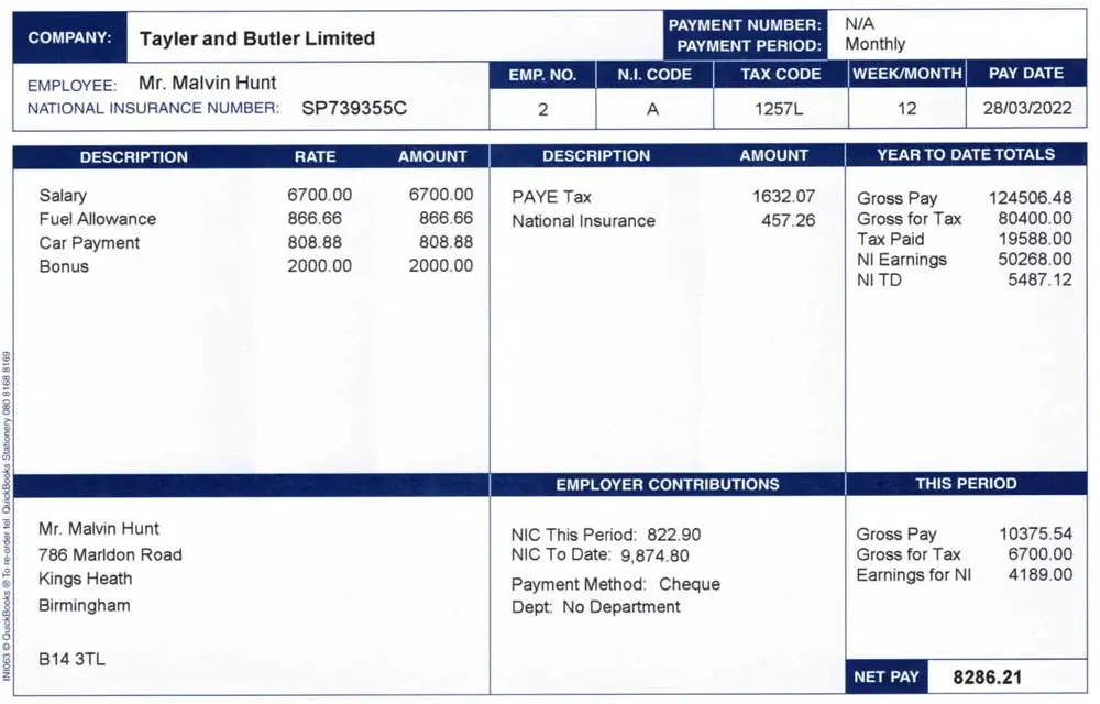 Sample payslip showing bonus payment and PAYE tax deduction