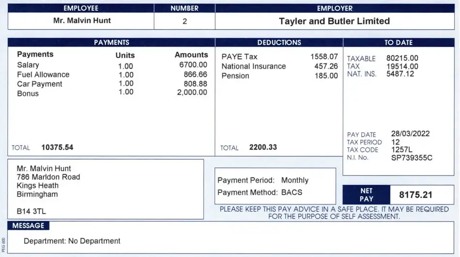 Example payslip with tax period, NI number, and taxable gross salary