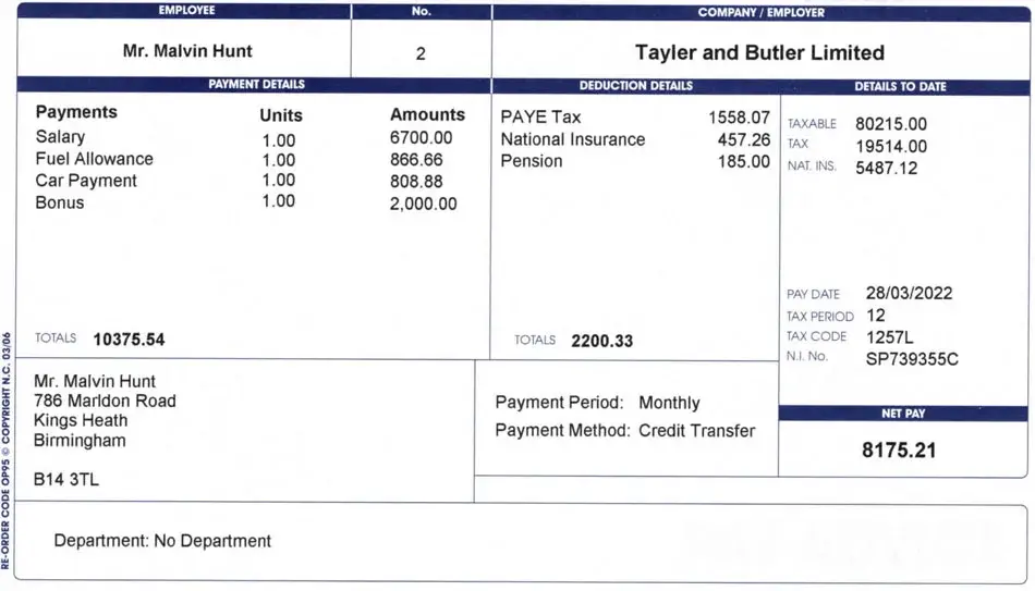 Sample payslip showing car payment and fuel allowance as separate line items