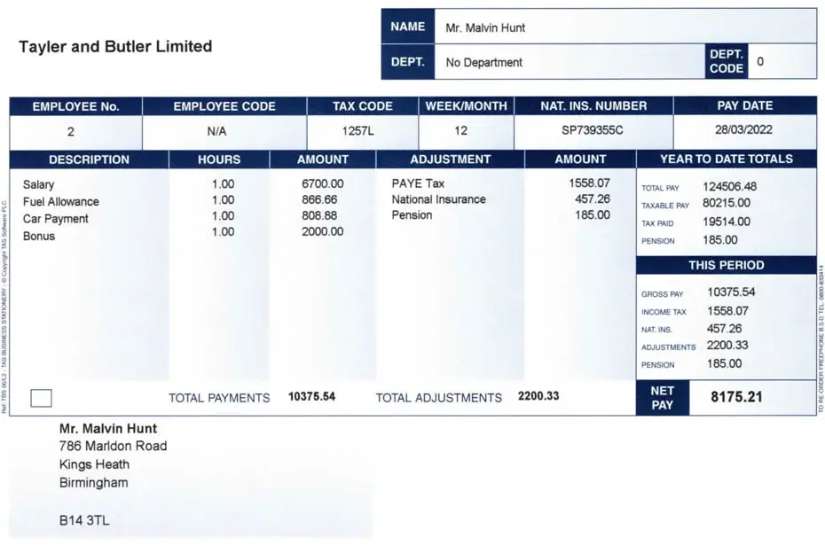 Example payslip with total net pay and tax deducted from salary