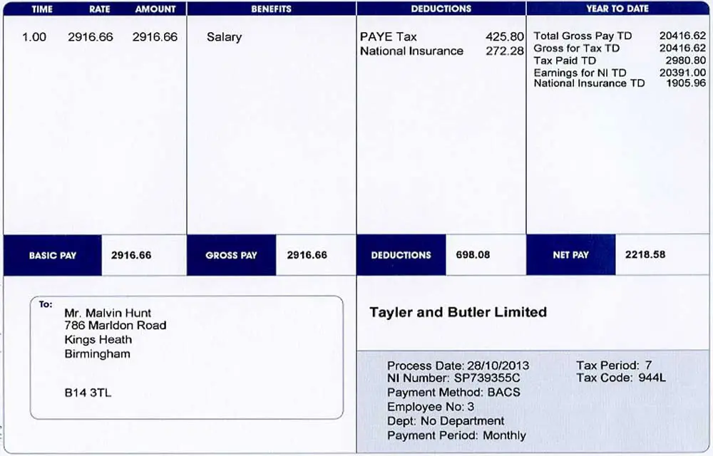 Example payslip with year-to-date totals, PAYE tax, and National Insurance deductions