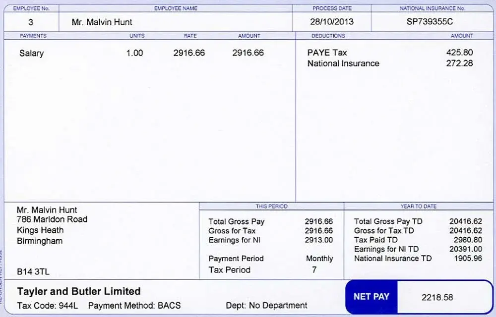 Example payslip with tax code and taxable gross salary fields