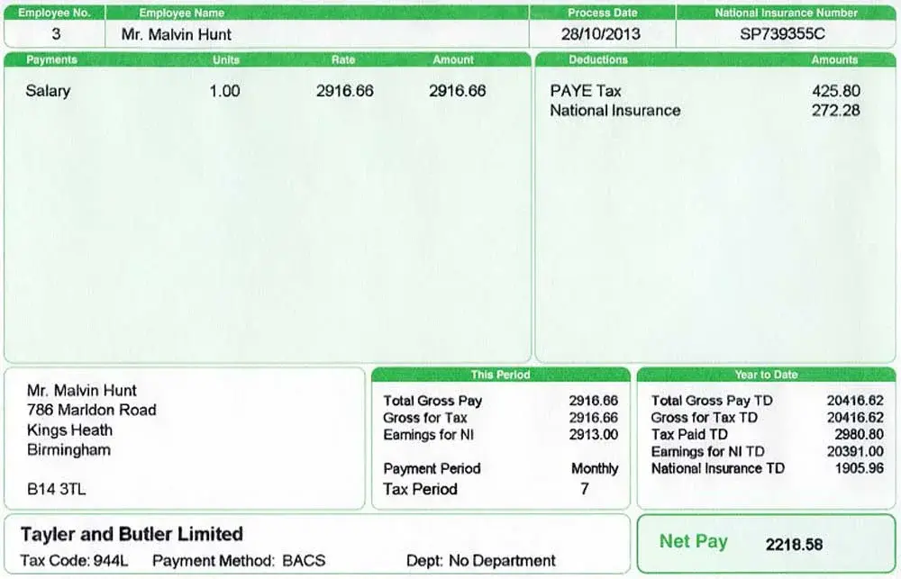 Example payslip with department and payment method shown