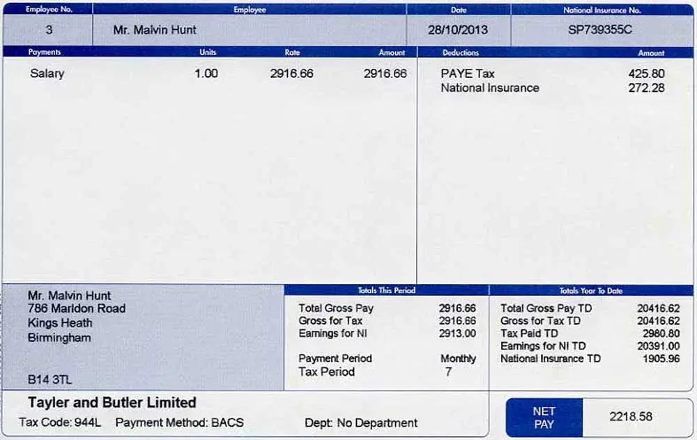 Sample payslip showing salary payment and total deductions
