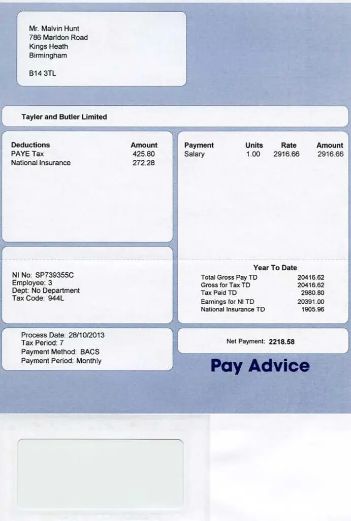 Sample payslip showing payment method and payment period fields