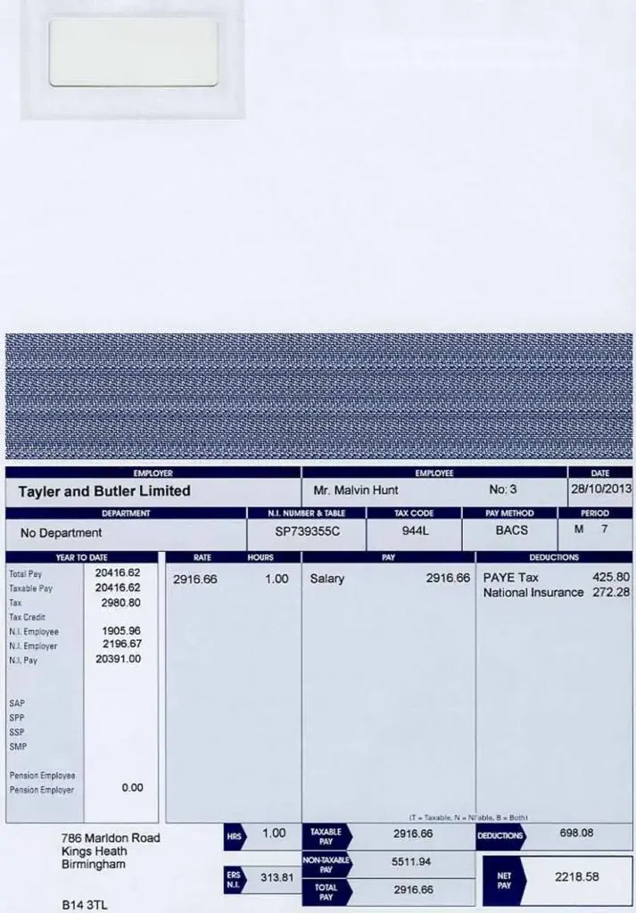 Example payslip with salary, bonus, and car payment combined