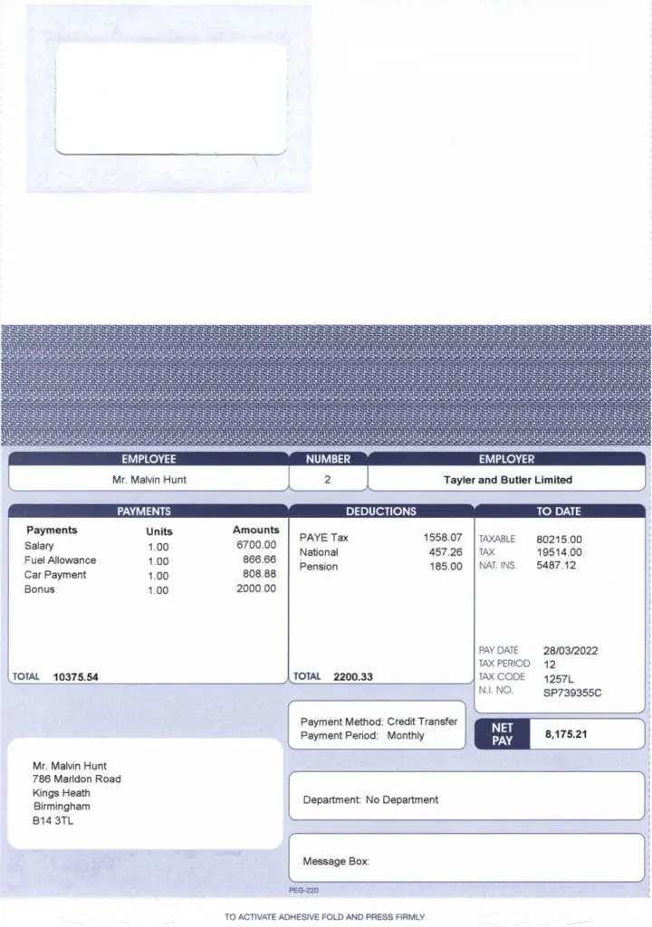 Example payslip with fuel allowance, bonus payment, and gross salary