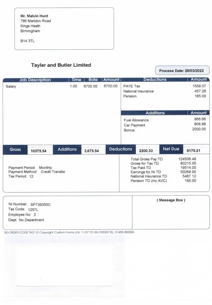Example payslip with employee name, NI number, and pay date