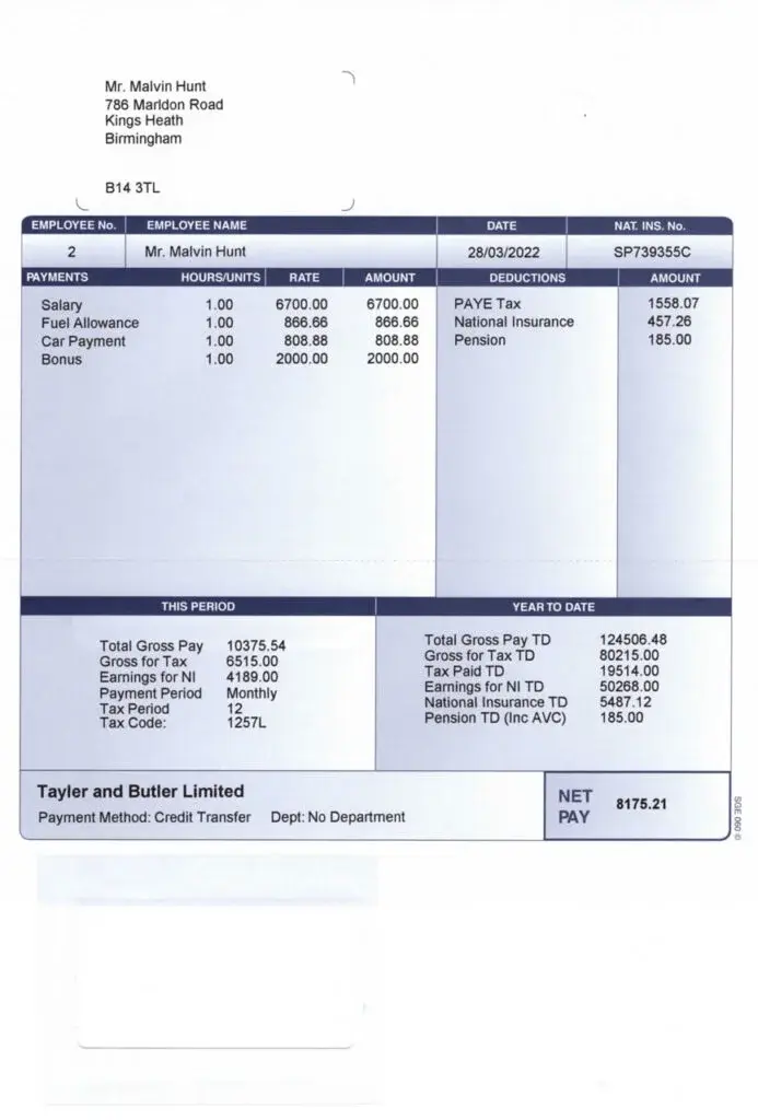 Sample payslip showing company name, salary payment, and net pay