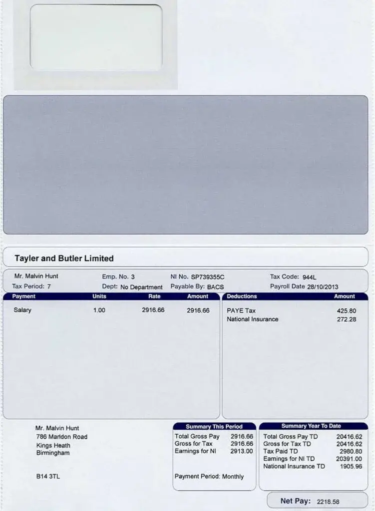 Sample monthly payslip showing cash payment and total net pay