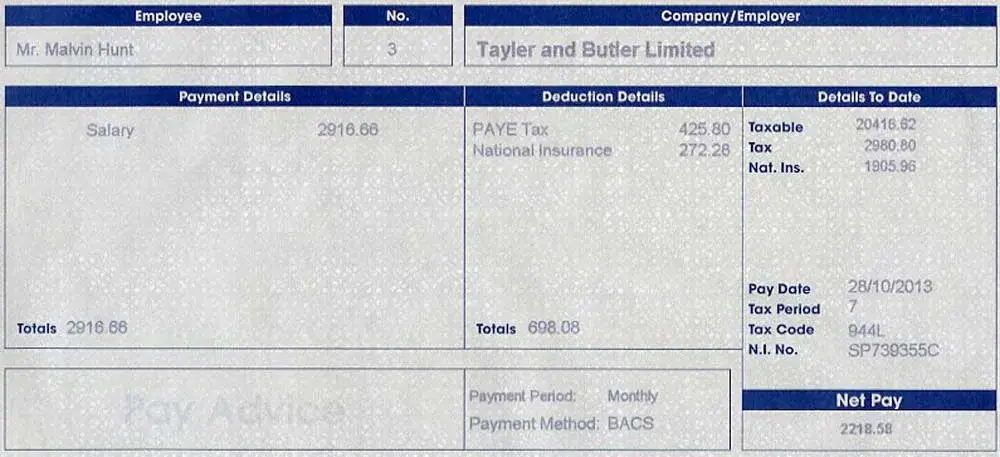 Sample monthly payslip showing cash payment method and pay date