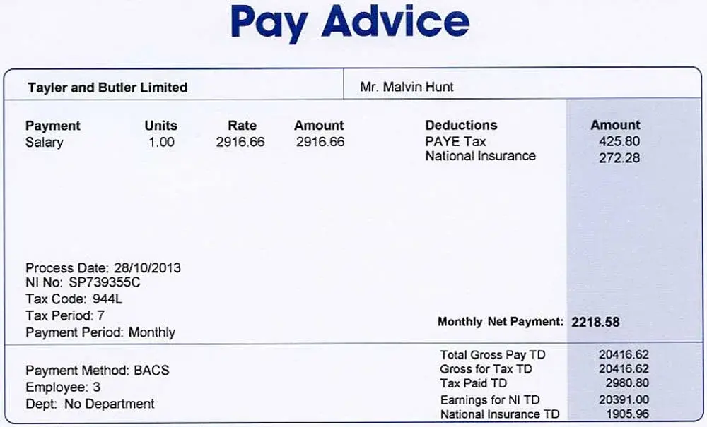 Sample payslip showing salary payment, bonus payment, and tax deducted
