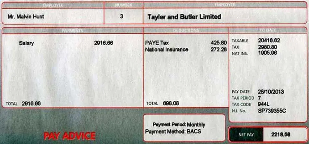 Sample payslip showing fuel allowance payment and car payment