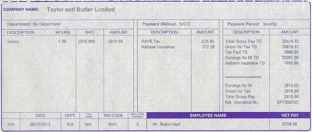 Sample payslip showing gross salary, tax deducted, and total net pay