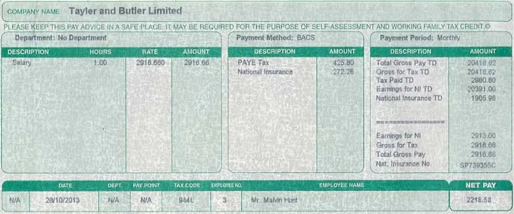Example payslip with National Insurance deduction and tax code