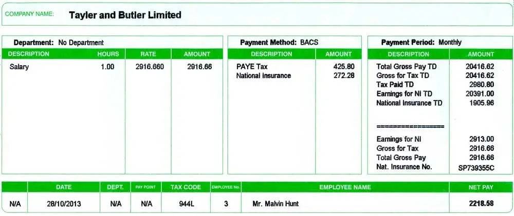 Example monthly payslip with payment period and payment method shown