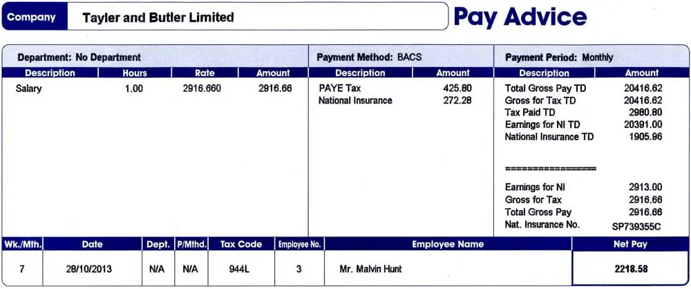 Sample payslip showing NI number and taxable gross salary