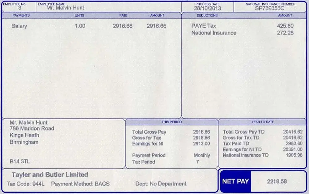 Sample payslip showing gross salary before PAYE and NI deductions