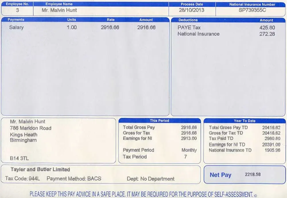 Example payslip with employee name, tax code, and NI number