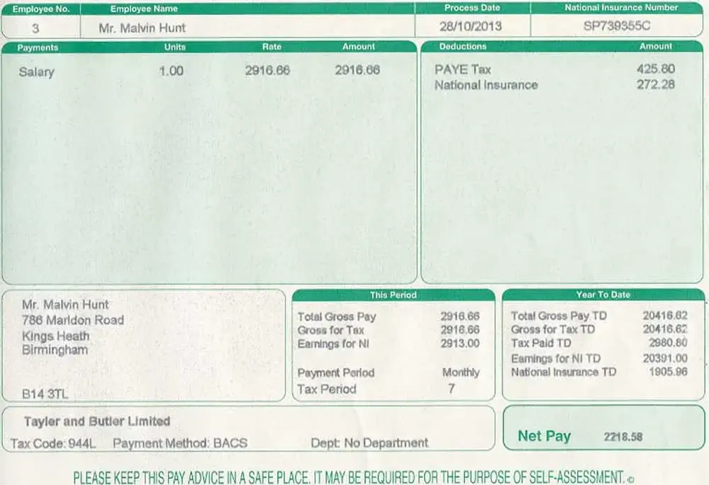 Example monthly payslip with bonus payment and net pay total