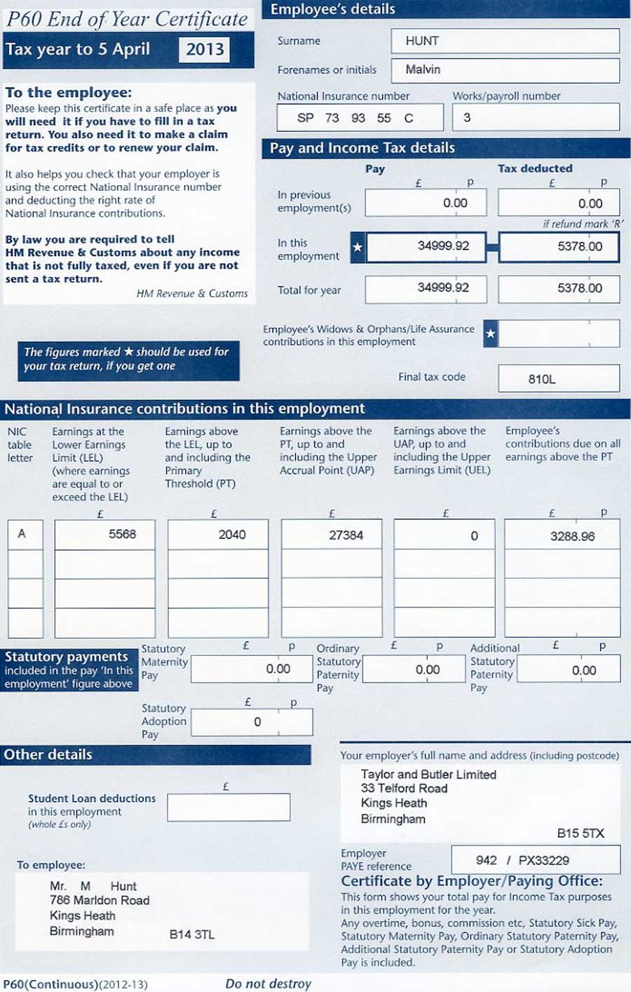 Actual paper copy of a UK P60.
